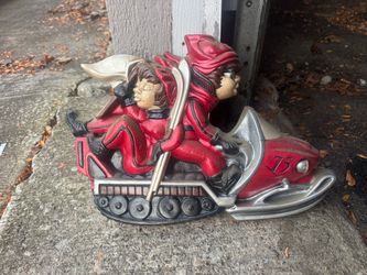 Vintage Snowmobile Figurine Statue with Two Riders