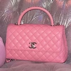 Authentic CHANEL Coco Handle Medium Pink Caviar Quilted Top Handle Bag with Gold Hardware