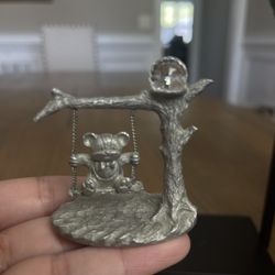 Vintage Spoontiques Pewter Teddy Bear On A Swing With Glass Prism 2.5" Figurine
