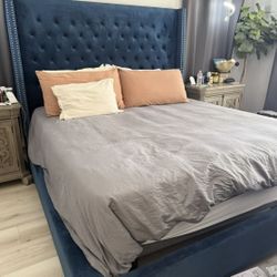 Cal King Bed Frame , Velvet  With Matching Bench With Storage 