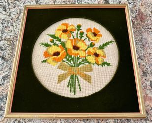 Vintage 1970’s Framed Handmade Needlepoint Gobelin Stitch Artwork bouquet of Yellow and Orange Flowers
