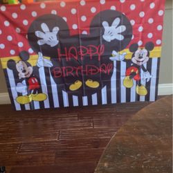 Really Nice Mickey Mouse Birthday Banner Fabric Is Rayon measurements are 58 wide by 39 1/2 long