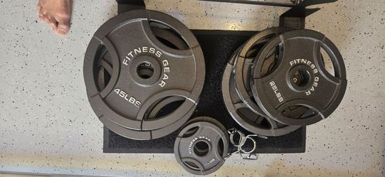 Squat rack, bars, weights, +