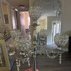 VINCIGANT 5 Arms Tall Floor Candelabra/Crystal Candlestick Holders for Wedding Ceterpieces Dinner Table Decoration, Silver