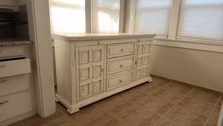 Distressed White Wood Dresser or buffet with Drawers