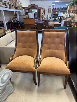 Set of 6 vintage Mastercraft gondola-style dining chairs, likely featuring burled wood and distinctive brass accents - Excellent condition