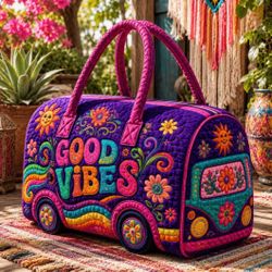🌺 New! Quilted Vibrant Color “Good Vibes” Bus Large Weekender Duffel Tote Bag