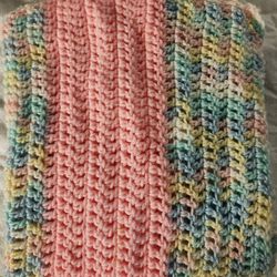 Pink Blue and Yellow Knitted Baby Blanket 39x49