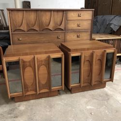 Mid Century Brutalist Tobago Walnut Nightstands Mirrored MCM