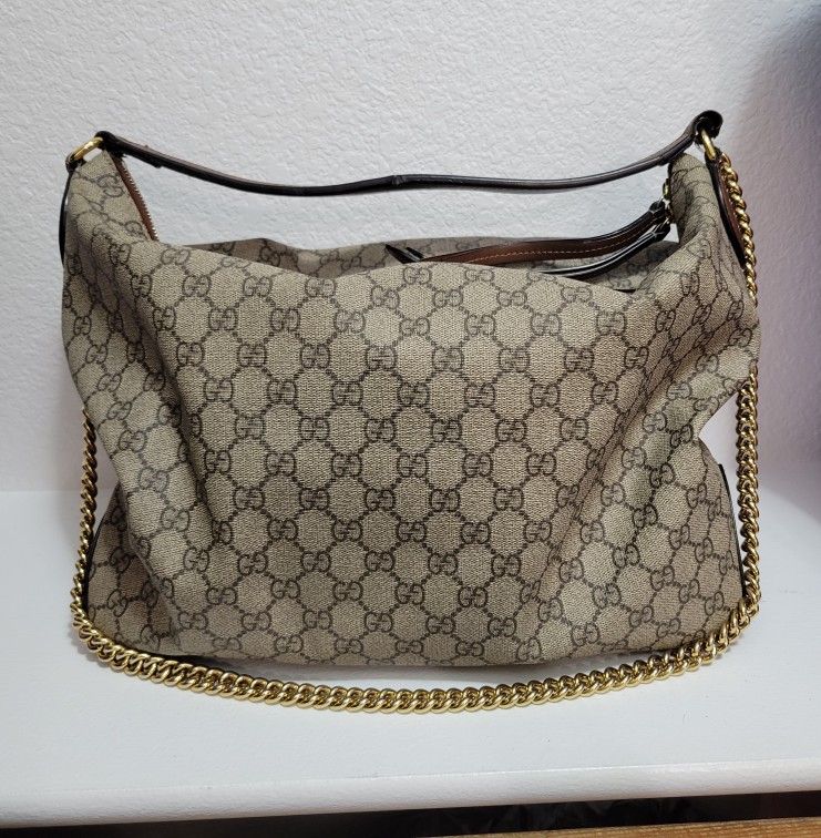 GUCCI GG Supreme Monogram Large Linea A Hobo Brown Purse