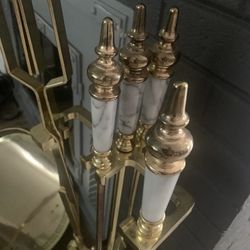 Vintage 5pcs Brass And Marble Fireplace Tool Set 
