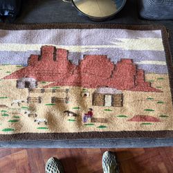 Vintage Navajo Pictorial Rug Tapestry – Hand-Woven Landscape - 43" x 27"