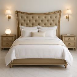 Queen Diamond-Tufted Champagne Bed + Matching Nightstands (Queen Mattress + Box Spring INCLUDED)