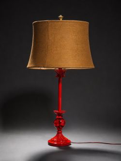 Red Glass Table Lamp with Burlap Shade – 30” Tall