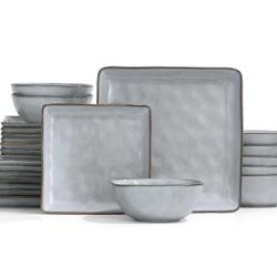 Famiware Dinnerware Sets for 8, Ocean Square 24-Piece Kitchen Plates and Bowls Sets, Microwave and Dishwasher Safe, Scratch Resistant, Grey