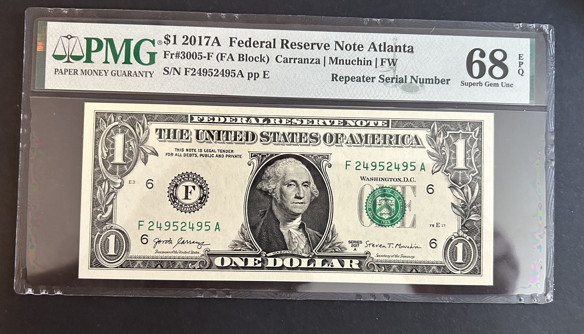 2017-A Federal Reserve "REPEATER" Note BIG GRADE! Superb Gem 68EPQ