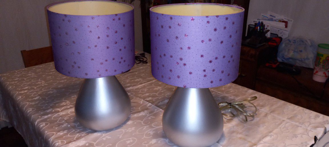 Vintage Silver Lamps With Purple Star Shades