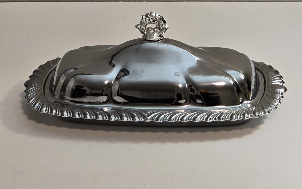 Vintage Chrome Butter Dish Glass Insert Ornate Handle Fluted Edge 3 Piece