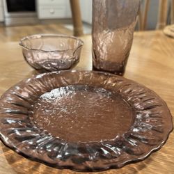 Glass Set Of 3 Manganese  Morgantown Seneca Purple Amethyst Driftwood- Bowl , Plate, Glass