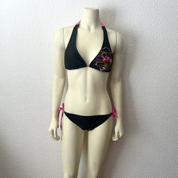 black 2 piece bikini set with pink accents and halter neck Women's size M