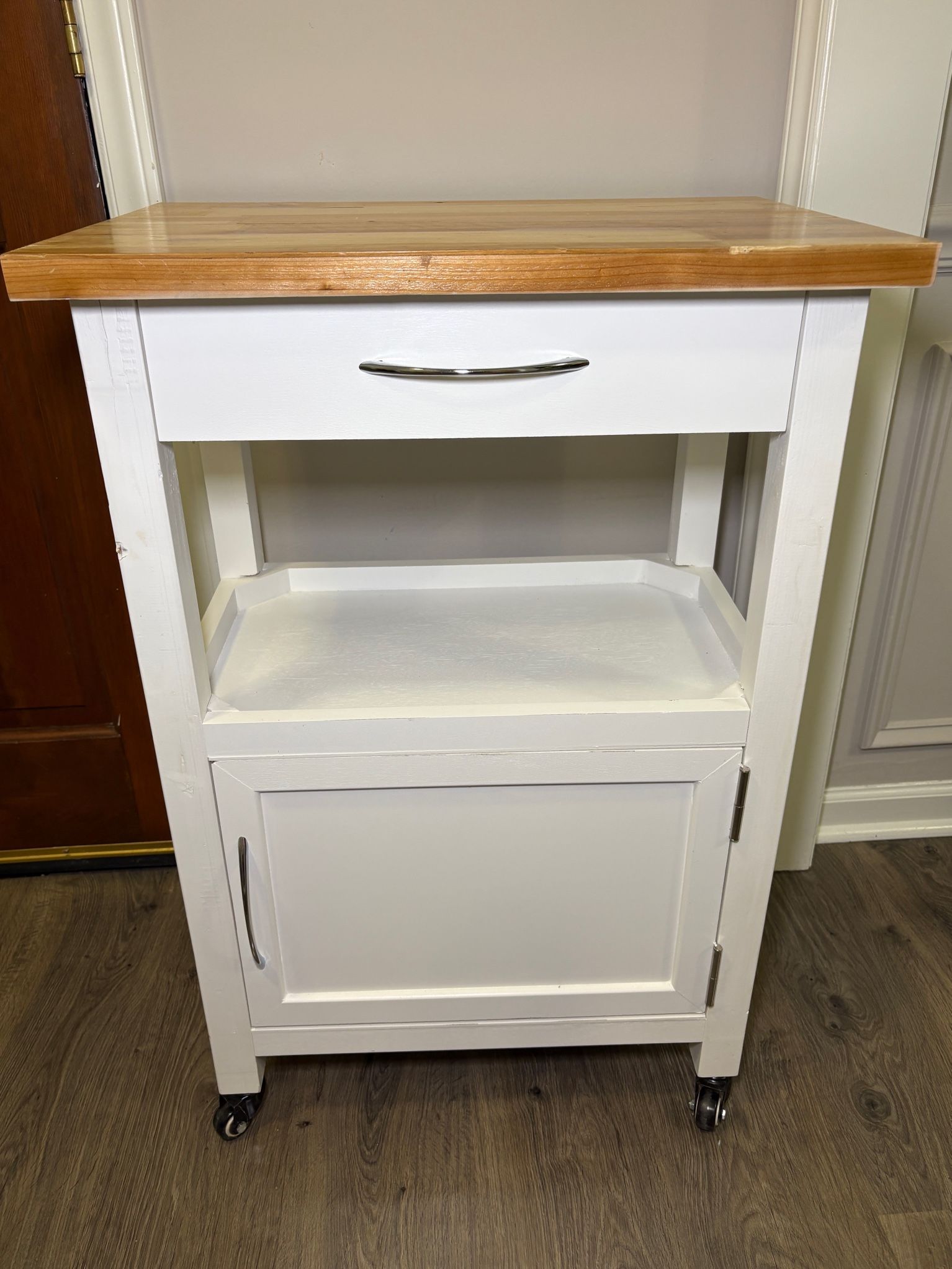 White Rolling Kitchen Cart with Drawer and Cabinet – Butcher Block Top