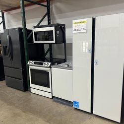 Samsung Bespoke White Glass Refrigerator, Slide In Range Stove, Dishwasher, Microwave