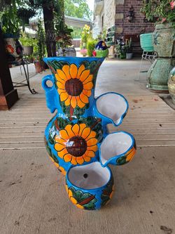 Talavera Teal Sunflower Water Fountain. Clay Pots, Planters,Pottery,Plants.