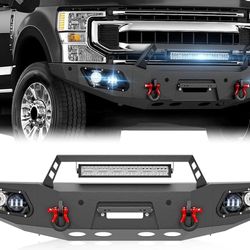 for F250 F350 F450 Front Bumper Compatible with 2017-2022 4th Gen Ford F250 F350 F450 Super Duty with Winch Plate, 5 x LED Lights & D-rings, License P