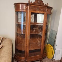 Antique Oak Curved Glass Cabinet 