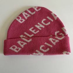 Authentic Balenciaga All-Over Logo Wool Pink Beanie 