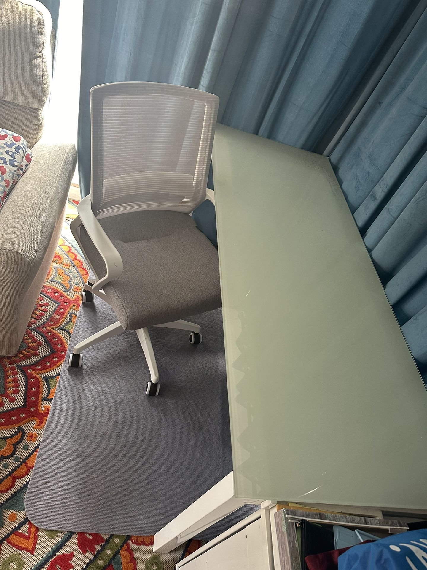 L-Shaped Office Desk, Ergonomic Office Chair + Chair Mat
