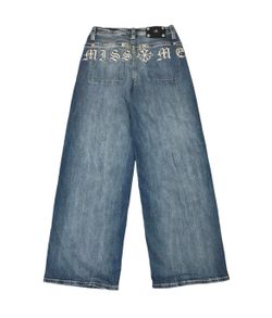 Miss Me London Baggy Wide Leg Jeans Womens 26 Blue Spell Out Crosses Gothic Y2K