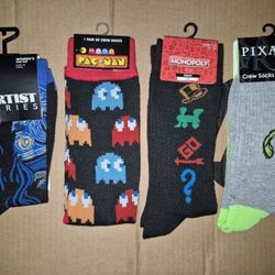 Iconic Crew Socks, Starry night, pack man, monopoly, & monsters inc