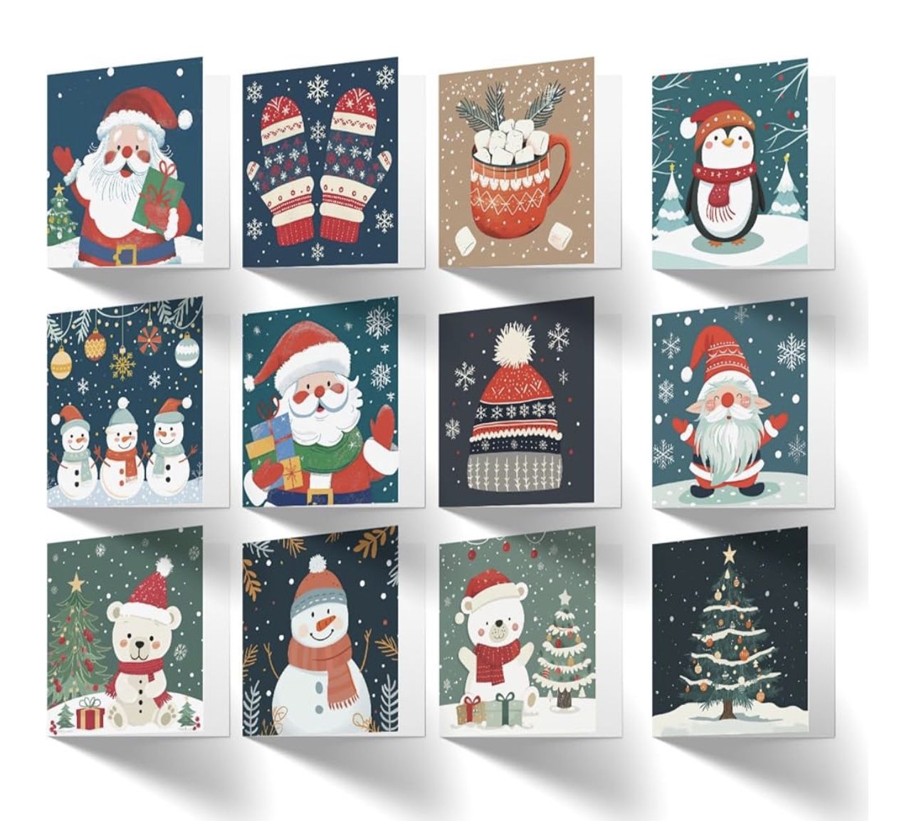 Merry Christmas Cards with Envelopes 36 Pack (12 Unique Festive Designs)