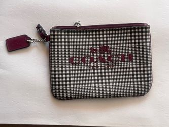 Authentic Coach Corner Zip Wristlet - Black & White Glen Plaid with Burgundy Logo
