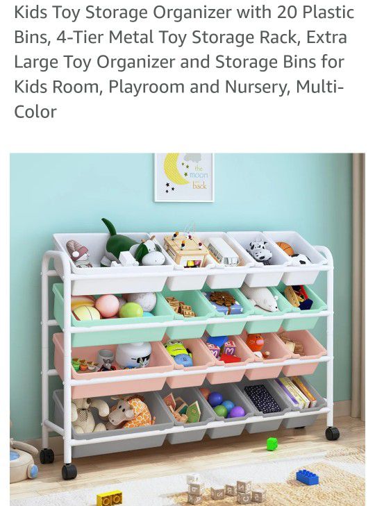 Kids Toy Storage Organizer with 20 Plastic Bins, 4-Tier Metal Toy Storage Rack, Extra Large Toy Organizer and Storage Bins for Kids Room, PINK