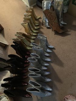 Brand new High heel sparkle boots. Sizes ranging from 51/2 to 71/2. Gold,silver and deep copper.