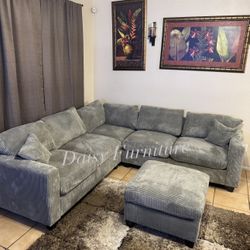 BRAND NEW GRAY CORDUROY SECTIONAL WITH OTTOMAN