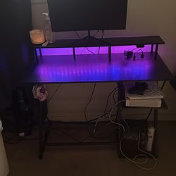 Carbon fiber 47inch gaming desk with power outlet and led lights usb and type c port and headphone rack