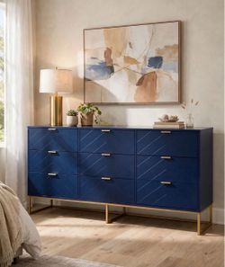 Navy Blue 9-Drawer Dresser with Gold Hardware