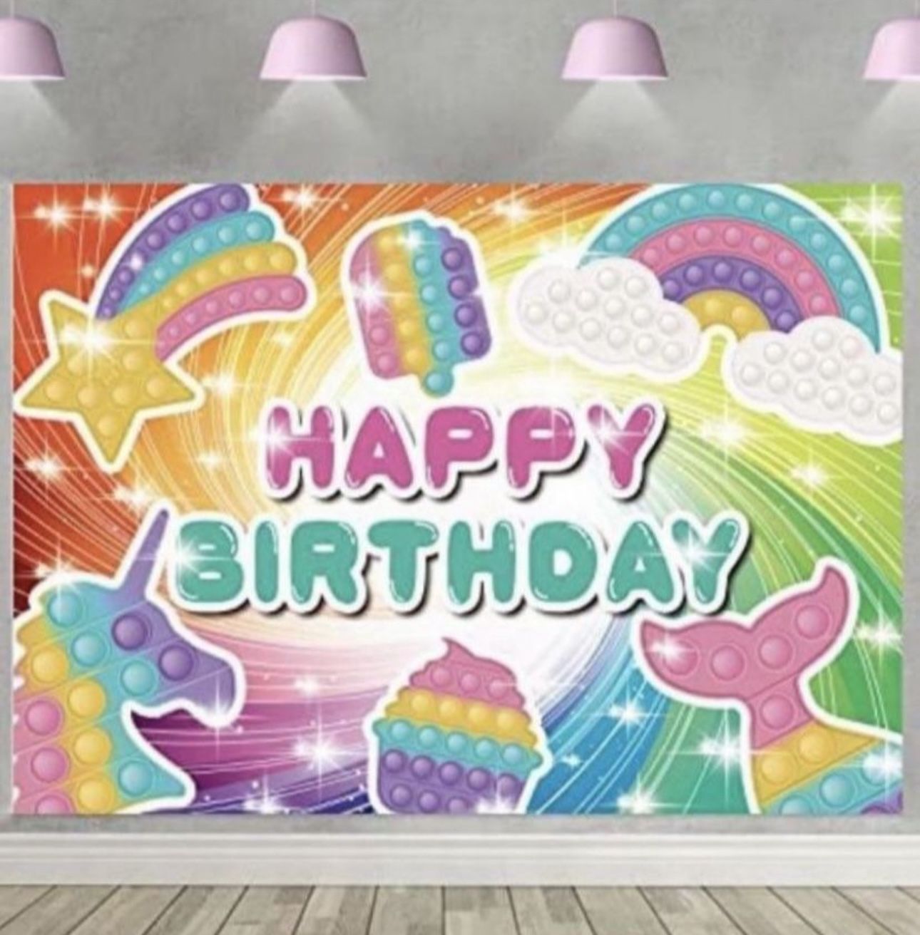 Pop It Fidget Toy Unicorn Rainbow Mermaid Tail Birthday Party Backdrop
