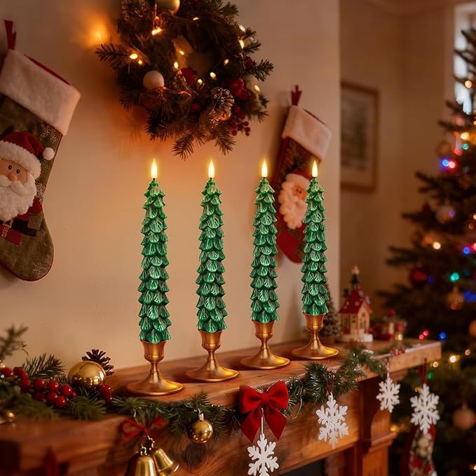 New In Box 4 Pack Flameless Christmas Tree Candles with Remote, 9.8” LED Battery Operated Taper Candles, Green 3D Flickering Candlesticks for Holiday 