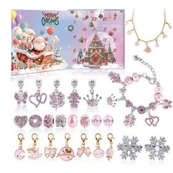 Brand New Advent Calendar For Girls 2025 Christmas DIY Bracelet Necklace 24 Days Of Pink Jewelry Set-Inclued 1 Bracelets 1 Necklace 20 Charms And 2 Sn