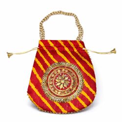 Red Yellow Beaded Embroidered Drawstring Clutch Shoulder Bag Women Indian