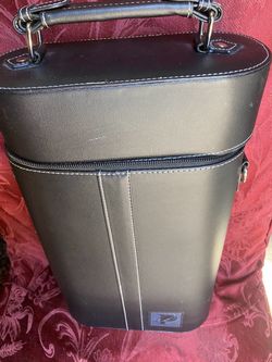 Deluxe Black Faux Leather 2-Bottle Wine Tote Bag Carrier with Complete Bar Tool Set & Strap
