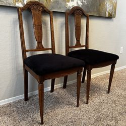 TWO Antique Wood MCM Chairs With Detailed Fluted Legs And New Black Velvet Upholstery 