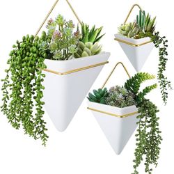 3 Sets Ceramic Wall Hanging Planters Indoor 3 Size Geometric Hanging Planters for Indoor Plants Self Watering Pots with Metal Holder for Air, Cactus, 