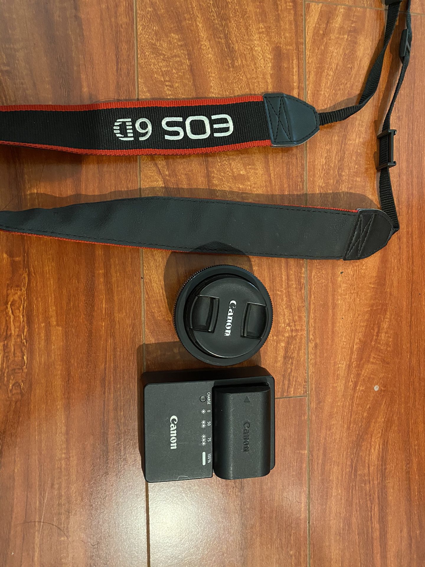 Canon Battery, Charger Lens and Strap.
