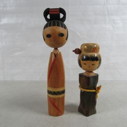 Vtg. Japanese Wood Kokeshi Hand Painted Dolls Pair Signed Misko 1967
