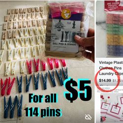 $5 For All clothing Pins some wooden some plastic total of 114 great for art & Craft 